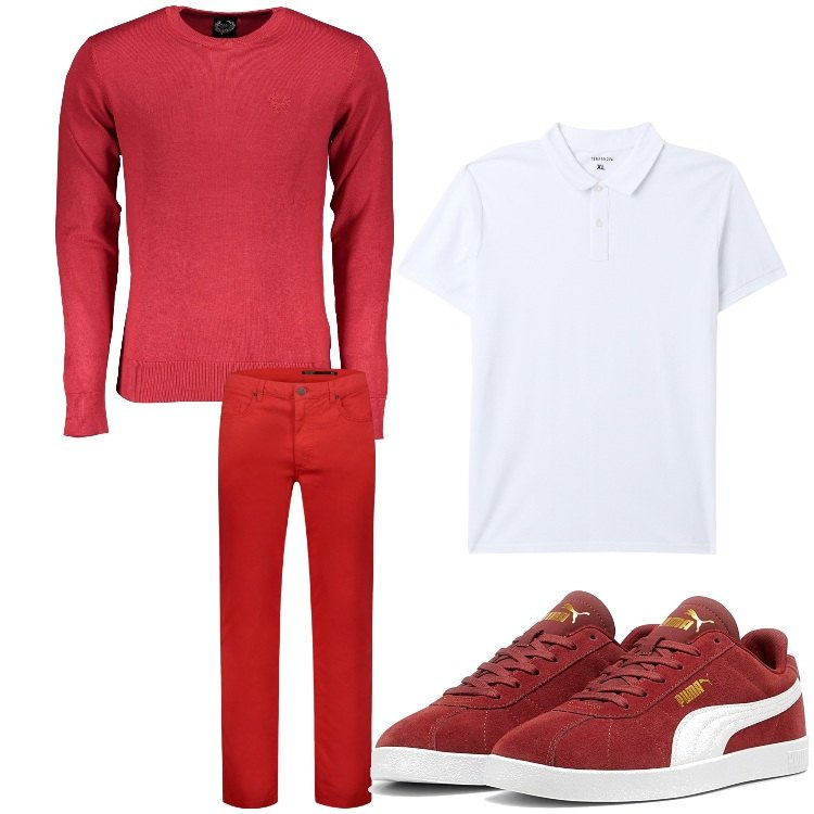 Outfit uomo - Fragole e panna. Stile Casual per Tutti i giorni. Abbinamento con polo, pantaloni, sneakers, maglieria.