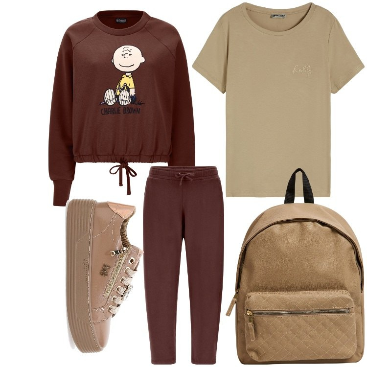 Outfit donna - Simpaticamente. Stile Basic per Sport. Abbinamento con zaini, pantaloni, felpe, t-shirt, sneakers alte.