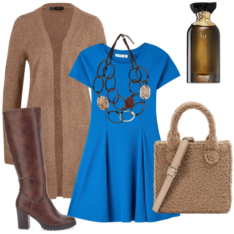 Outfit donna - Il cardigan avana. Stile Chic per Ufficio. Abbinamento con cardigans, profumi, vestiti corti, shopping bag, stivali, collane.