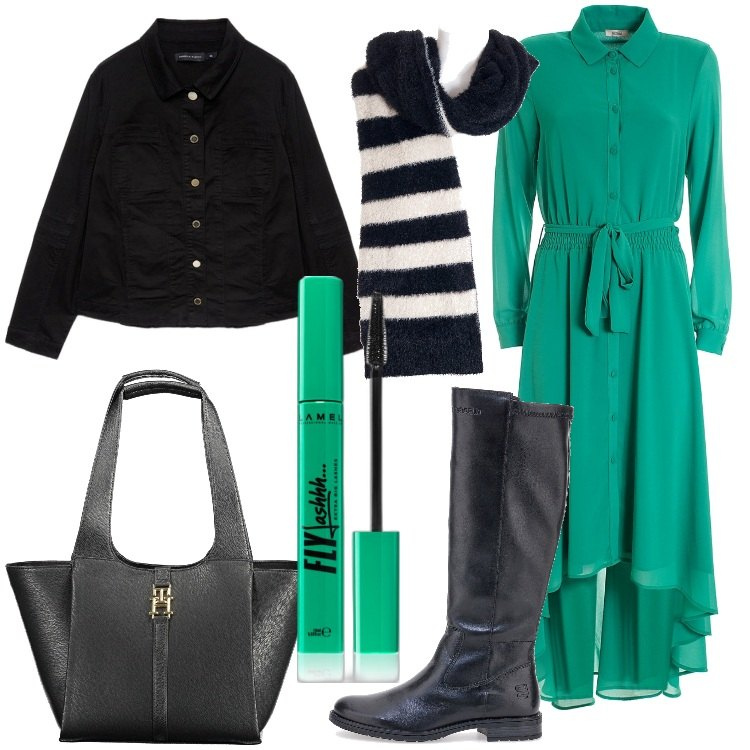 Outfit donna - Il chemisier abbinalo così!. Stile Trendy per Ufficio. Abbinamento con mascara, vestiti chemisier, sciarpe, stivali sopra il ginocchio, blazer, borse a spalla.
