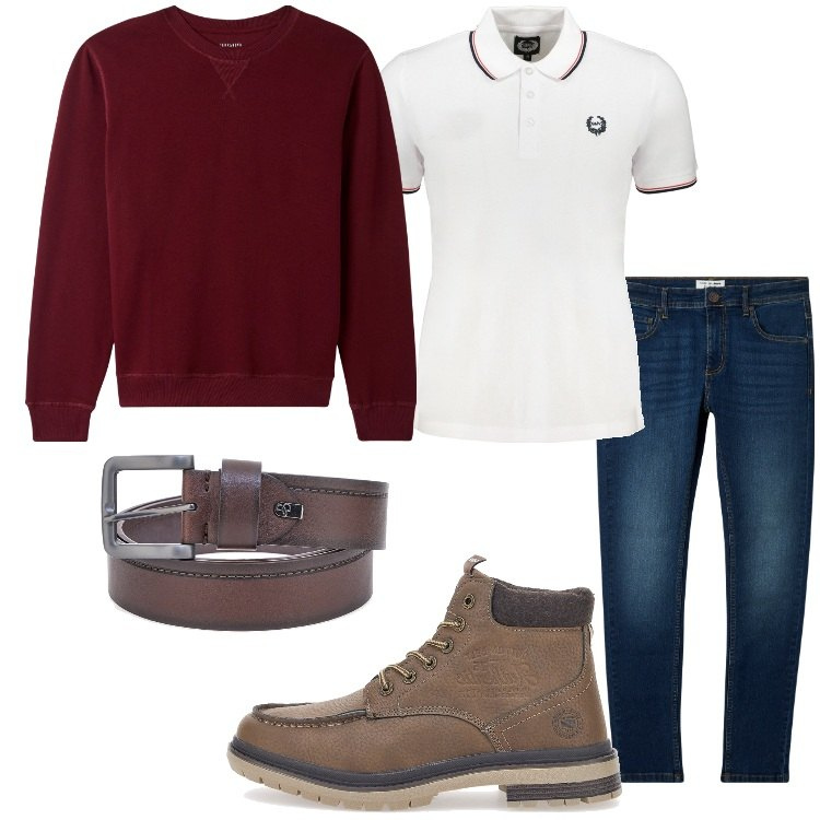Outfit uomo - All\'università. Stile Casual per Tutti i giorni. Abbinamento con felpe, jeans skinny, stivali e stivaletti, cinture, polo.