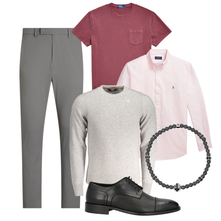 Outfit uomo - Tonalità delicate. Stile Trendy per Tutti i giorni. Abbinamento con scarpe stringate, braccialetti, camicie, t-shirt, pantaloni, maglieria.