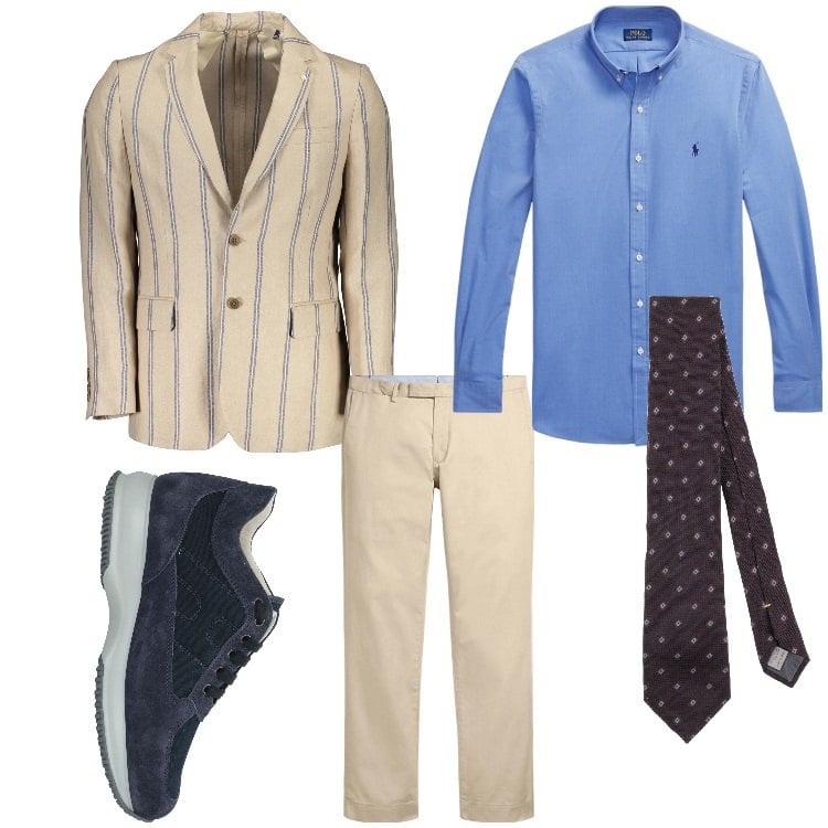Outfit uomo - Righe e celeste. Stile Business/Elegante per Ufficio. Abbinamento con cravatte, sneakers, pantaloni chino, camicie, giacche.