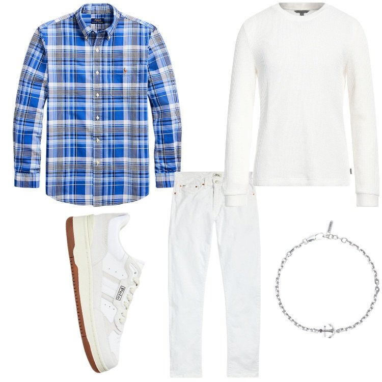Outfit uomo - Un tipo a quadretti. Stile Casual per Tutti i giorni. Abbinamento con pullovers, braccialetti, jeans, sneakers, camicie.