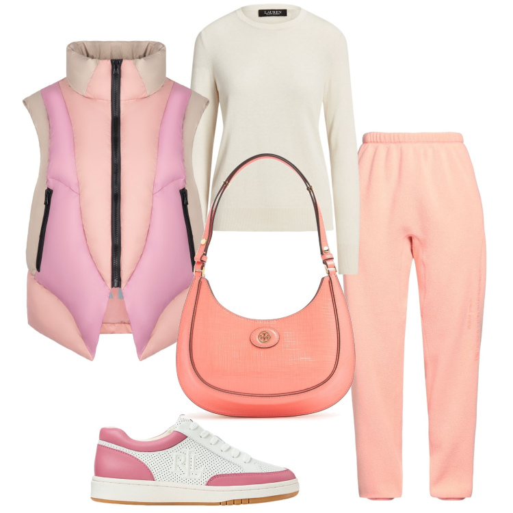 Outfit donna - Sporty chic. Stile Sporty chic per Tutti i giorni. Abbinamento con pantaloni, maglieria, sneakers, piumini, borse a spalla.