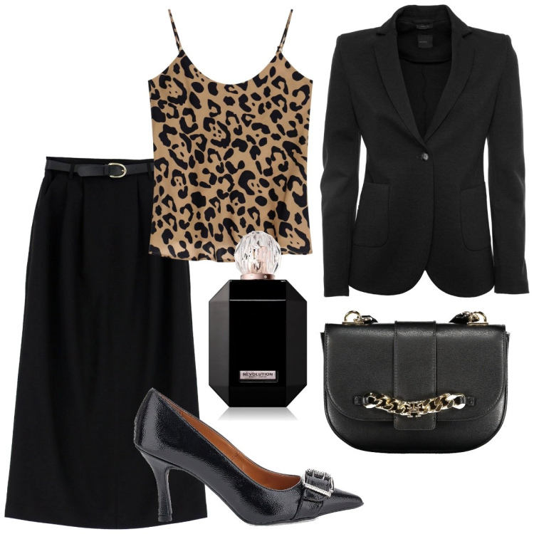 Outfit donna - Animalier elegante. Stile Sexy per Serata fuori. Abbinamento con profumi, gonne lunghe, top, décolleté, blazer, borse a tracolla.