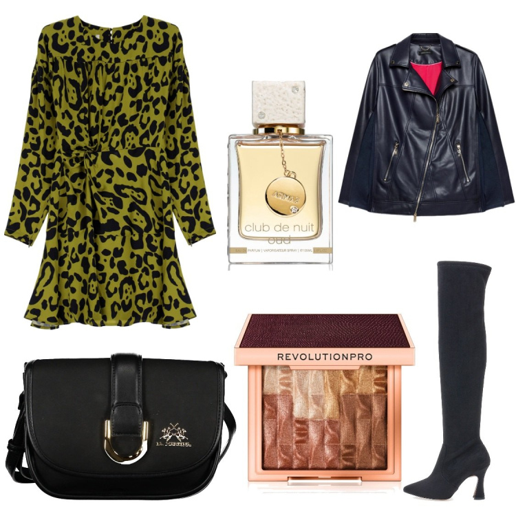 Outfit donna - Tocchi animalier ad ottobre. Stile Casual chic per Serata fuori. Abbinamento con profumi, blush, vestiti corti, stivali, giacche, borse a tracolla.