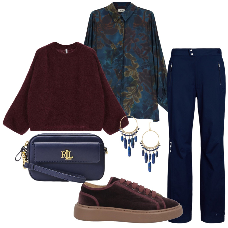 Outfit donna - Blu e bordeaux. Stile Casual per Tutti i giorni. Abbinamento con sneakers, pullovers, camicie, pochette, pantaloni, orecchini.