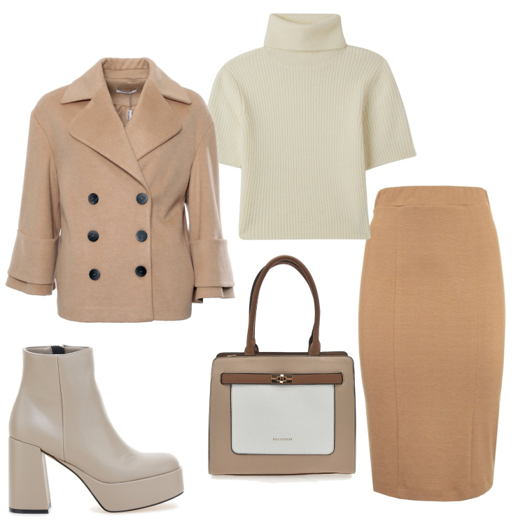 Outfit donna - In ufficio. Stile Casual chic per Ufficio. Abbinamento con maglieria, cappotti, gonne lunghe, borse a spalla, stivaletti.