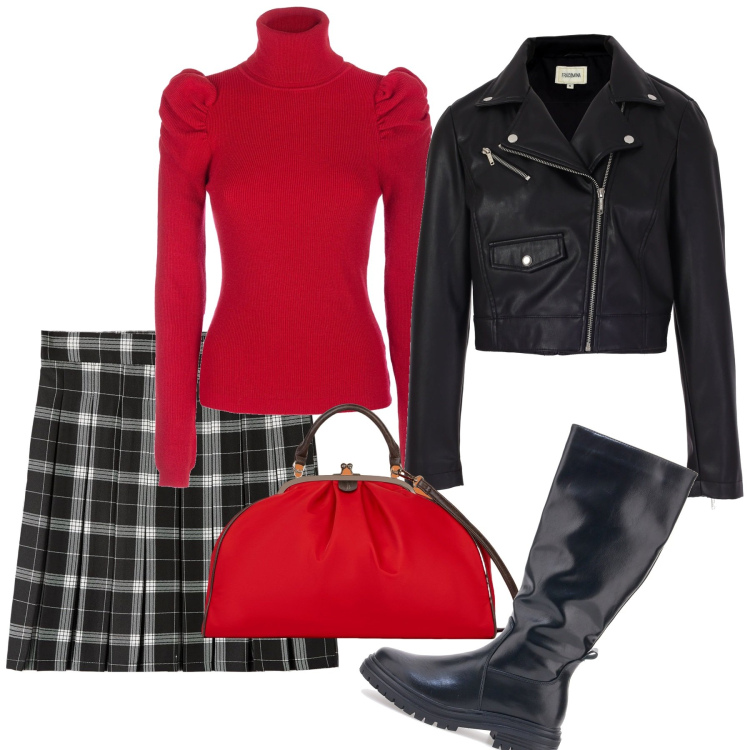 Outfit donna - Rouge. Stile Rock per Tutti i giorni. Abbinamento con minigonne, maglieria, blazer, stivali, borse a spalla.