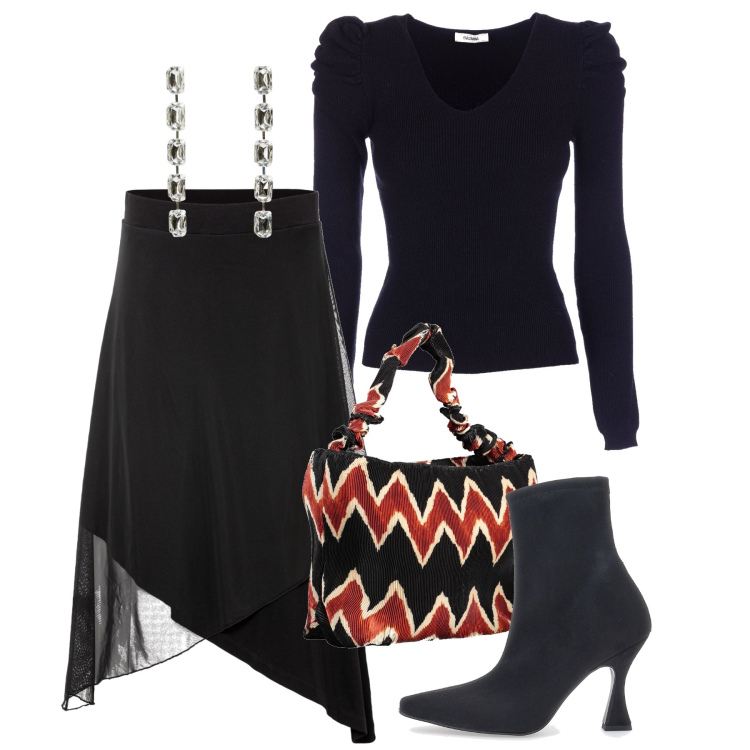 Outfit donna - Halloween dietro l\'angolo. Stile Chic per Serata fuori. Abbinamento con gonne, orecchini, maglieria, stivaletti, borse a spalla.