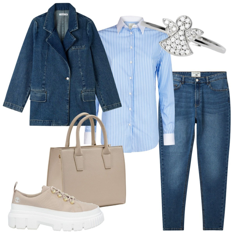 Outfit donna - Total look #1981110. Stile Basic per Tutti i giorni. Abbinamento con sneakers, blazer, shopping bag, jeans skinny, anelli, camicie.