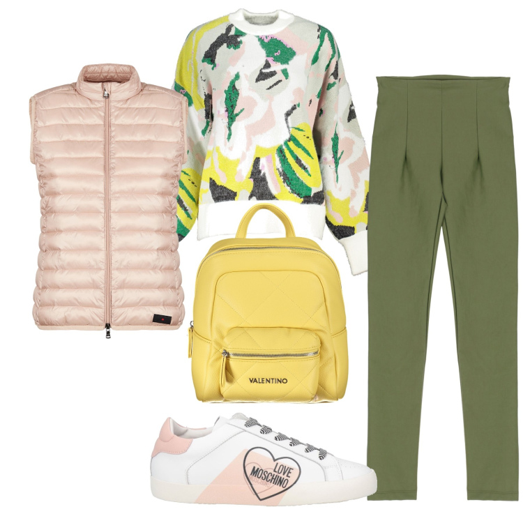 Outfit donna - Zaino giallo. Stile Casual per Tutti i giorni. Abbinamento con sneakers, jeggings, piumini, maglieria, zaini.