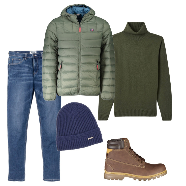 Outfit uomo - Giornata piovosa. Stile Trendy per Tutti i giorni. Abbinamento con jeans, maglieria, stivali, giacche, berretti.
