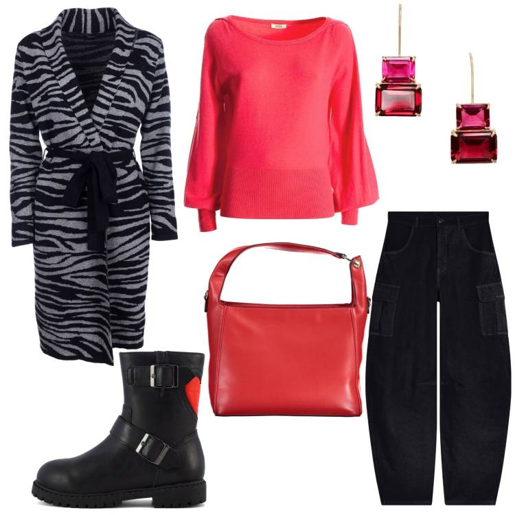 Outfit donna - Total look #1981123. Stile Trendy per Scuola/Università. Abbinamento con pantaloni cargo, maglieria, cardigans, orecchini, stivaletti, borse a spalla.