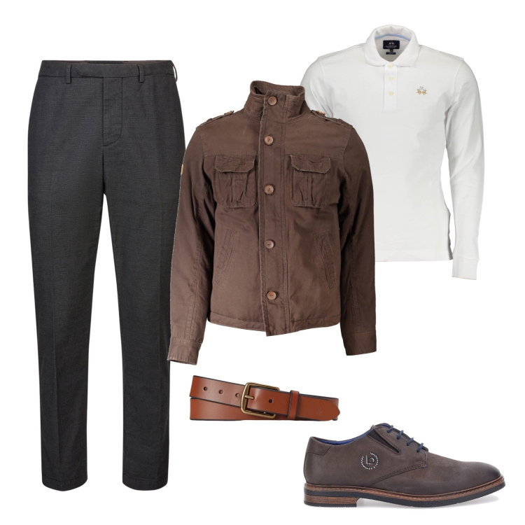 Outfit uomo - Classico elegante. Stile Casual per Ufficio. Abbinamento con cinture, scarpe stringate, polo, giacche, pantaloni.