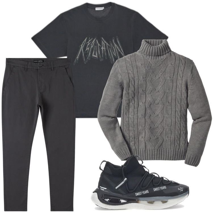 Outfit uomo - Il maglione con le trecce. Stile Trendy per Tutti i giorni. Abbinamento con maglieria, pantaloni chino, sneakers, t-shirt.