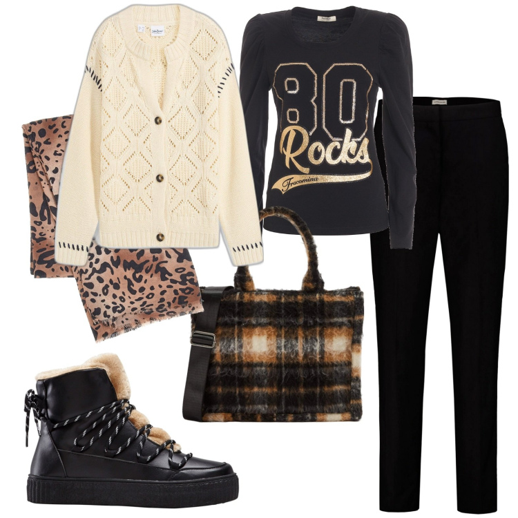 Outfit donna - Total look #1981138. Stile Casual per Tutti i giorni. Abbinamento con sneakers alte, cardigans, shopping bag, t-shirt, pantaloni, sciarpe.