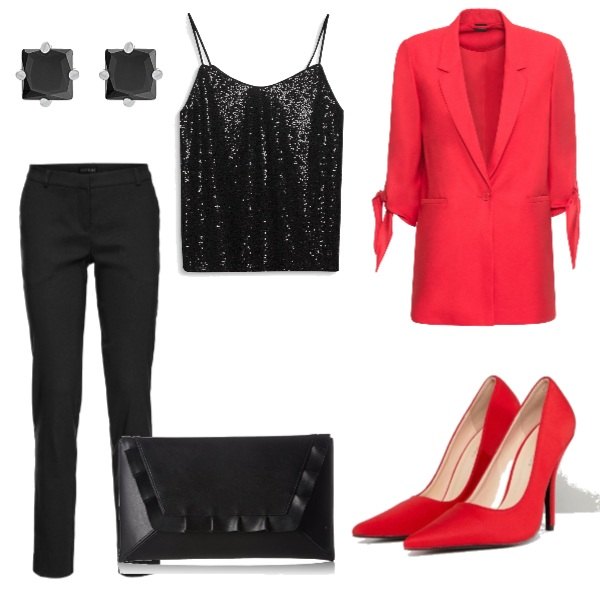 Outfit donna - Cena di lavoro. Stile Trendy per Serata fuori. Abbinamento con pantaloni, blazer taglio dritto rosso, décolleté, vestaglia nero, orecchini con zirconia in sterling 925 ipoallergenico argento e bianco, pochette nero.