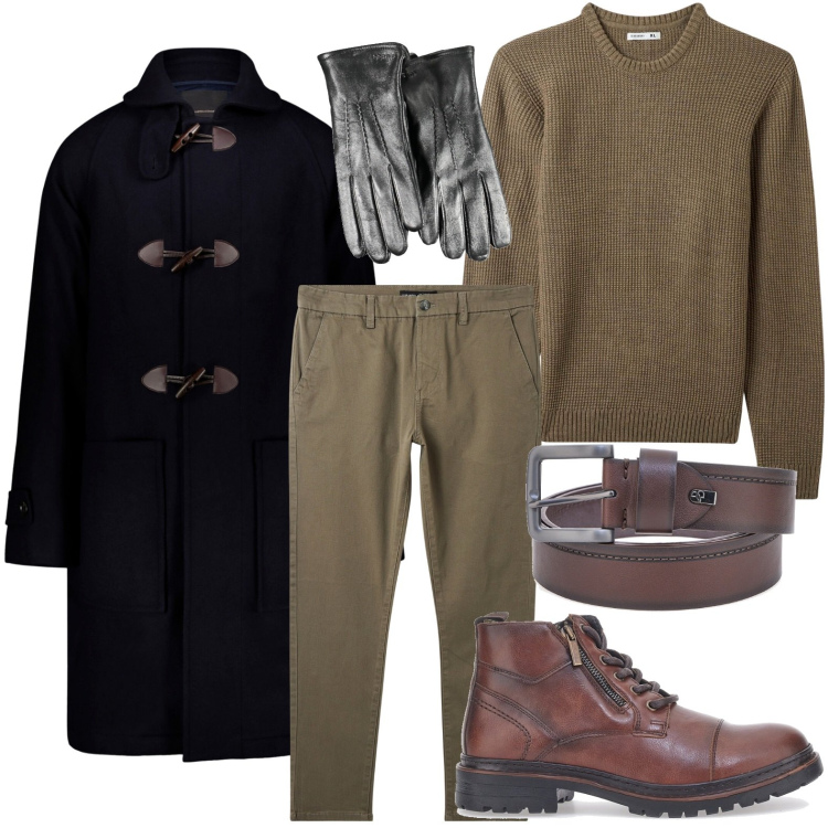Outfit uomo - Montgomery military. Stile Casual per Serata speciale. Abbinamento con pantaloni chino, maglieria, montgomery, stivali e stivaletti, guanti, cinture.