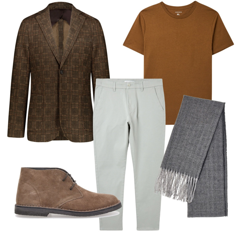 Outfit uomo - Giacca principe di galles. Stile Trendy per Tutti i giorni. Abbinamento con t-shirt, pantaloni chino, giacche, sciarpe, scarpe stringate.