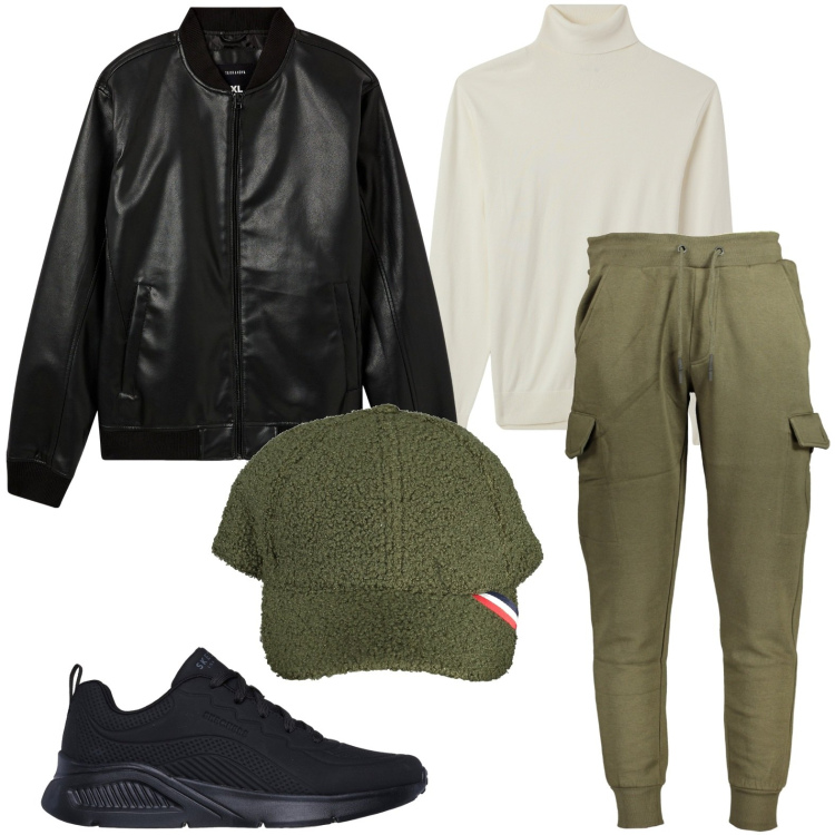 Outfit uomo - Il bomber nero. Stile Casual per Tutti i giorni. Abbinamento con bomber, maglieria, sneakers, pantaloni, cappelli con visiera.