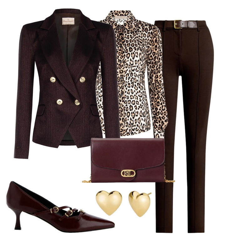 Outfit donna - So Chic. Stile Chic per Tutti i giorni. Abbinamento con orecchini, blazer, camicie, décolleté, borse a tracolla, pantaloni.