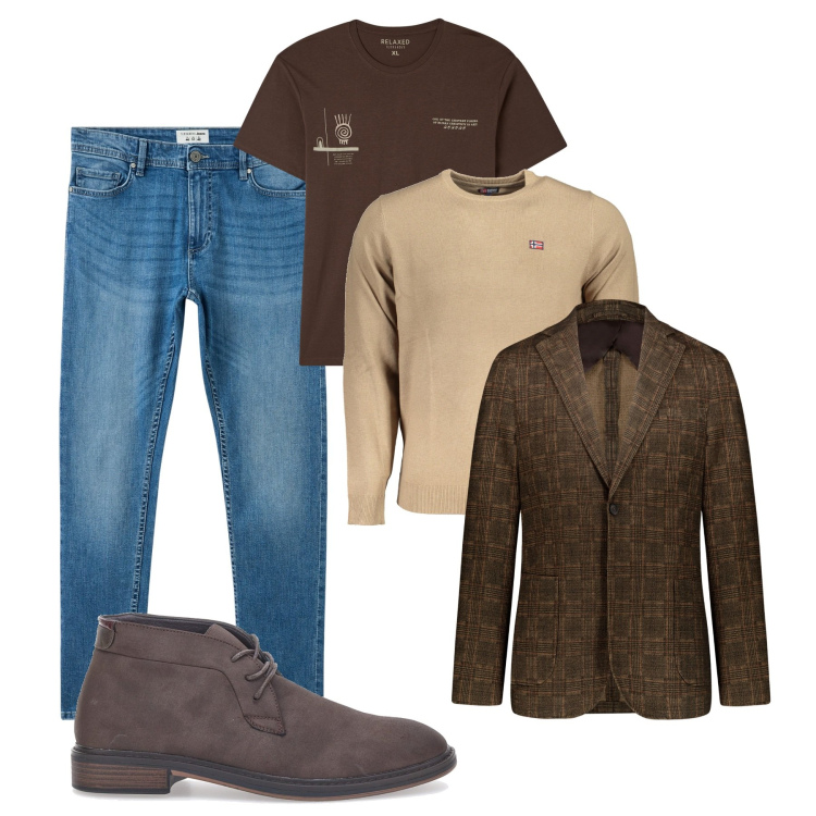 Outfit uomo - City. Stile Casual per Tutti i giorni. Abbinamento con jeans skinny, t-shirt, giacche, scarpe stringate, maglieria.