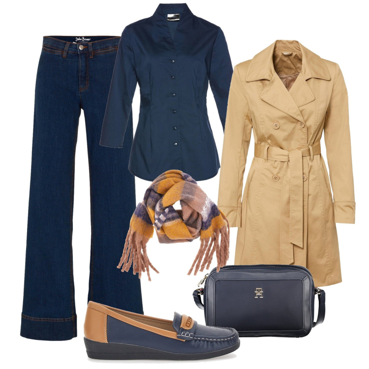 Outfit donna - Autunno in città. Stile Trendy per Tutti i giorni. Abbinamento con camicie, jeans, trench, borse a tracolla, sciarpe, mocassini.