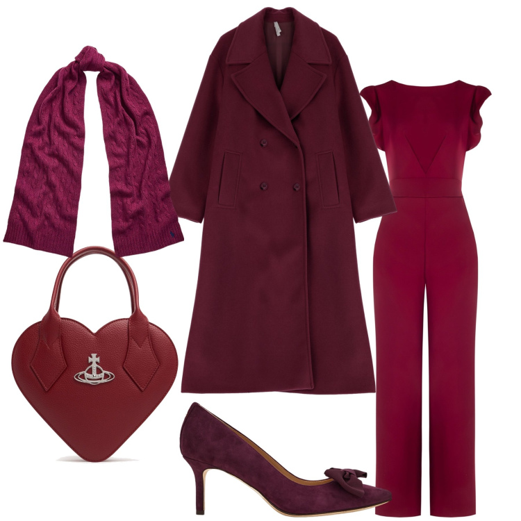Outfit donna - Look bordeaux. Stile Chic per Serata fuori. Abbinamento con cappotti, tute, sciarpe, décolleté, borse a mano.