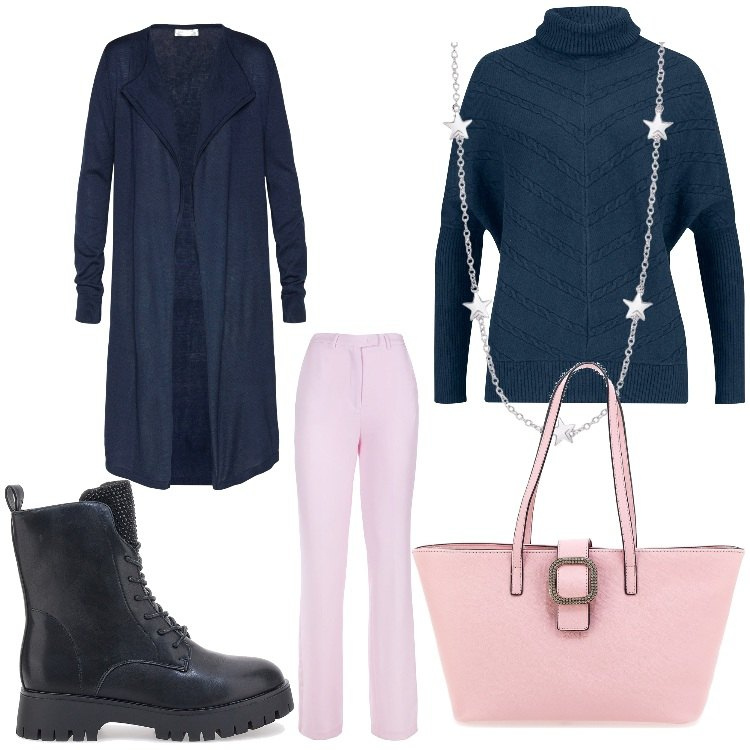 Outfit donna - Stella stellina. Stile Casual chic per Tutti i giorni. Abbinamento con cardigans, maglieria, collane, pantaloni a palazzo, anfibi, borse a spalla.