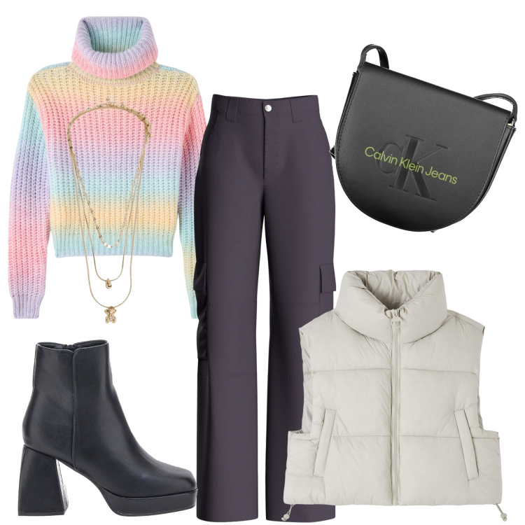 Outfit donna - Grigio e multicolore. Stile Casual chic per Ufficio. Abbinamento con pantaloni cargo, maglieria, piumini, ciondoli, stivaletti, borse a tracolla.