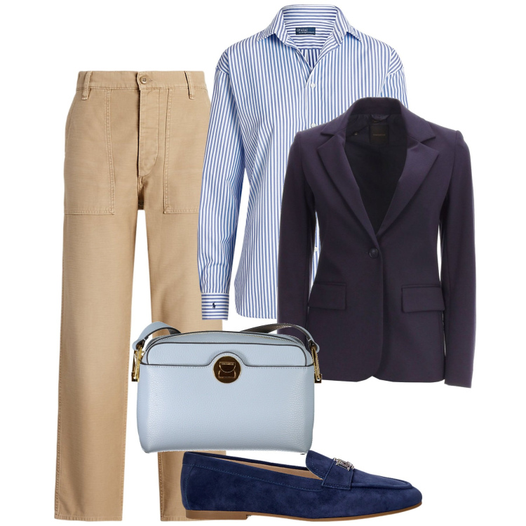 Outfit donna - Ufficio. Stile Bon Ton per Ufficio. Abbinamento con mocassini, pantaloni, camicie, blazer, borse a tracolla.