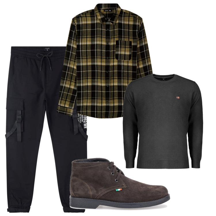 Outfit uomo - New city. Stile Casual per Tutti i giorni. Abbinamento con camicie, pantaloni cargo, scarpe stringate, maglieria.