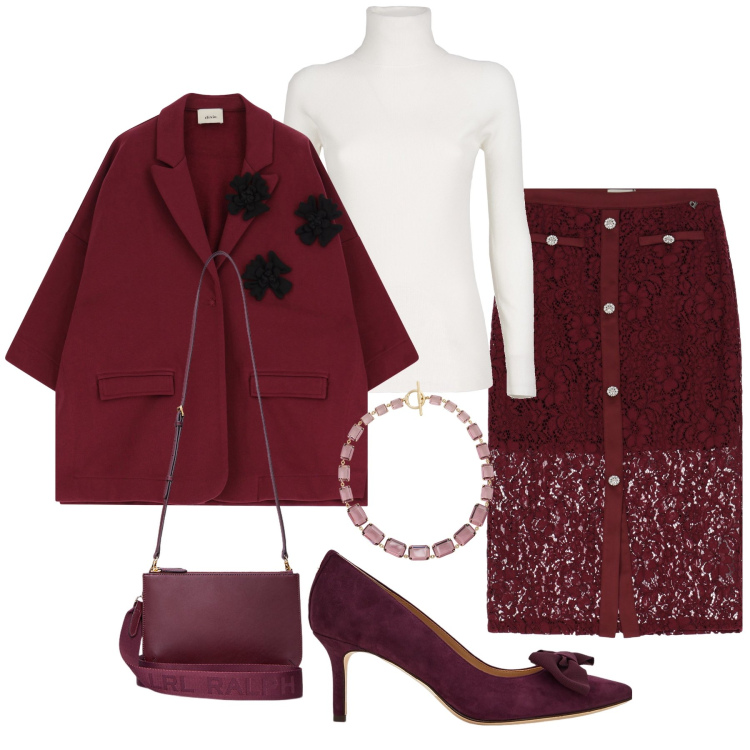 Outfit donna - Bianco e bordeaux. Stile Chic per Serata fuori. Abbinamento con blazer, gonne, borse a tracolla, collane, décolleté, maglieria.