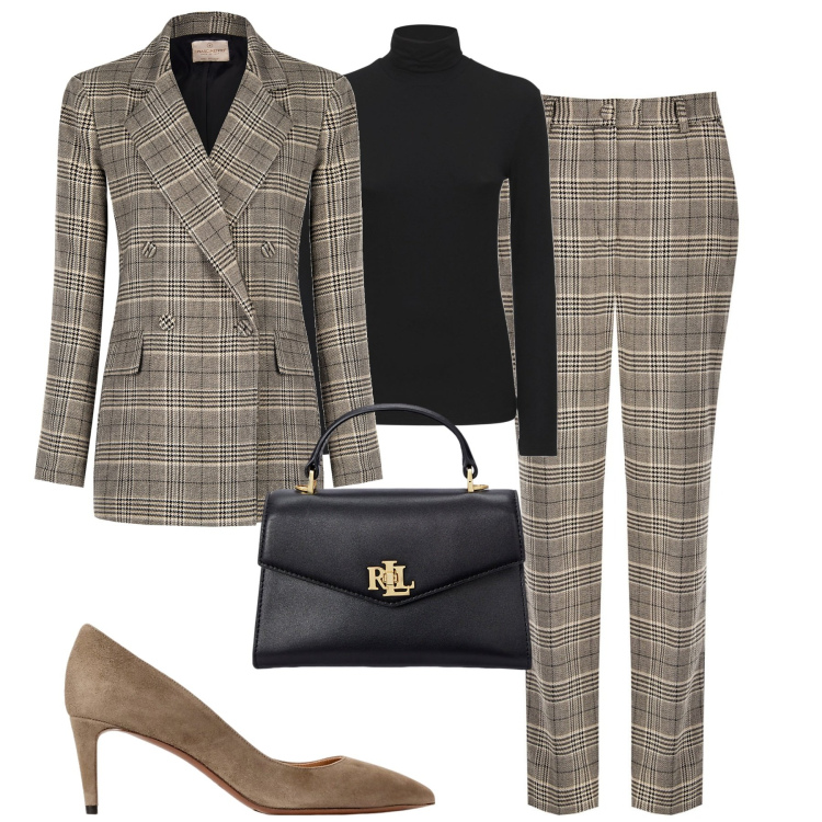 Outfit donna - Business. Stile Chic per Tutti i giorni. Abbinamento con pantaloni, blazer, borse a mano, décolleté, top.