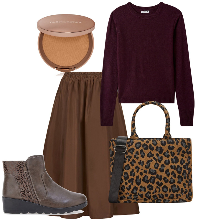 Outfit donna - Tracce animalier. Stile Bon Ton per Tutti i giorni. Abbinamento con fondotinta, maglieria, shopping bag, stivaletti, gonne lunghe.