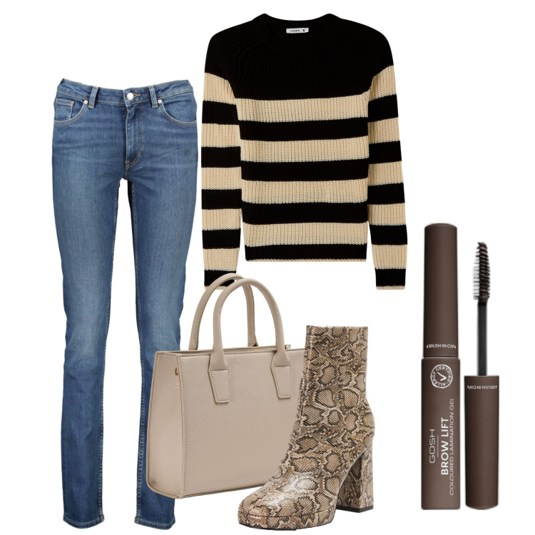 Outfit donna - City. Stile Casual chic per Tutti i giorni. Abbinamento con mascara, stivaletti, maglieria, shopping bag, jeans.