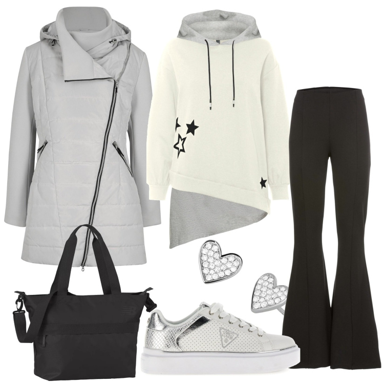 Outfit donna - Quattro stelle. Stile Sporty chic per Tutti i giorni. Abbinamento con pantaloni, felpe con cappuccio, blazer, orecchini, borse tote, sneakers.