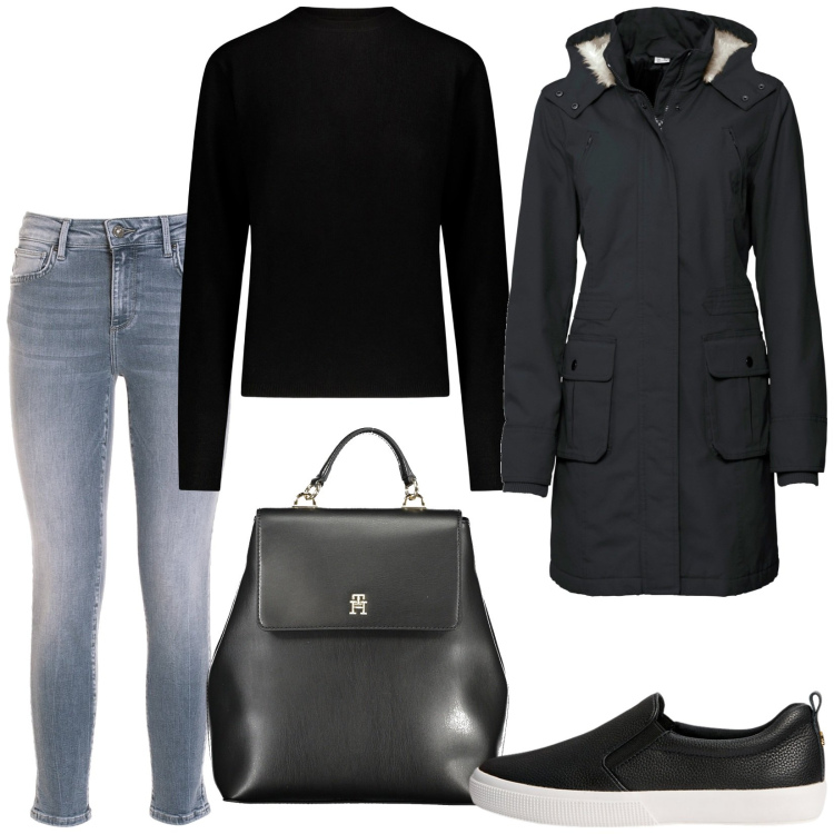 Outfit donna - Total look #1981282. Stile Basic per Tutti i giorni. Abbinamento con parka, jeans skinny, sneakers, maglieria, zaini.