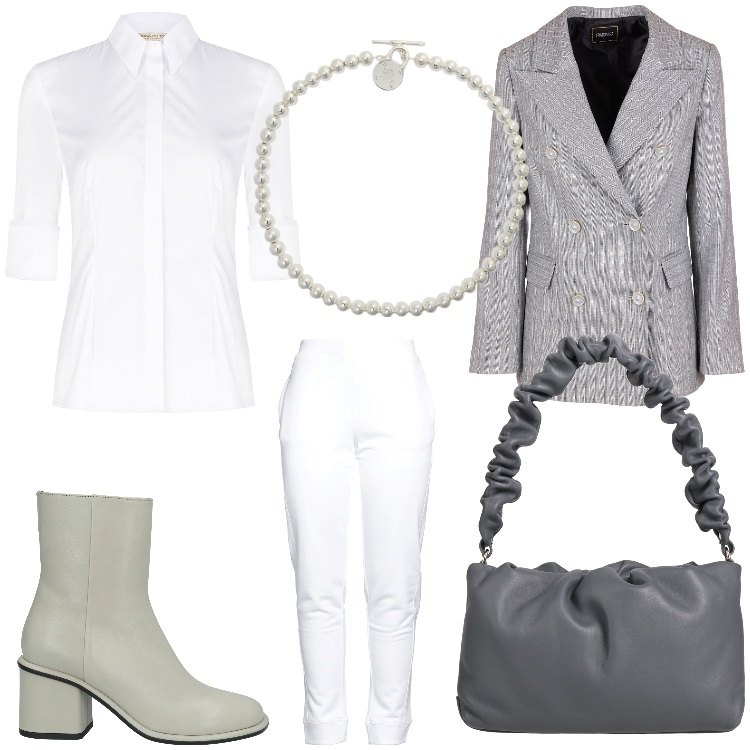 Outfit donna - Bianco e grigio. Stile Casual chic per Ufficio. Abbinamento con stivaletti, pantaloni, borse a mano, camicie, blazer, collane.