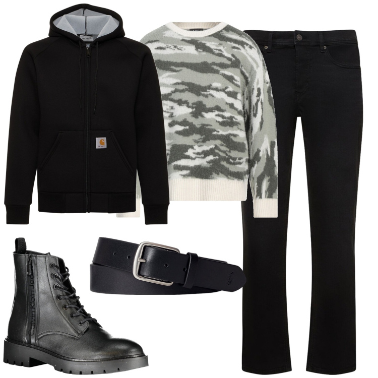 Outfit uomo - Total look #1981296. Stile Urban per Tutti i giorni. Abbinamento con pullovers, cinture, jeans, stivali, giacche.