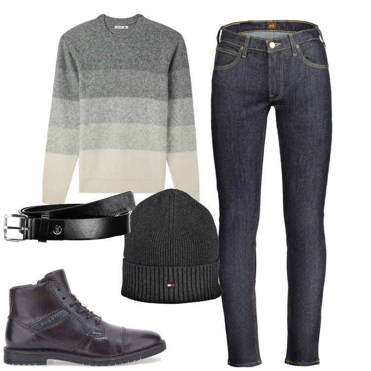 Outfit uomo - City. Stile Urban per Tutti i giorni. Abbinamento con maglieria, stivali e stivaletti, berretti, cinture, jeans.
