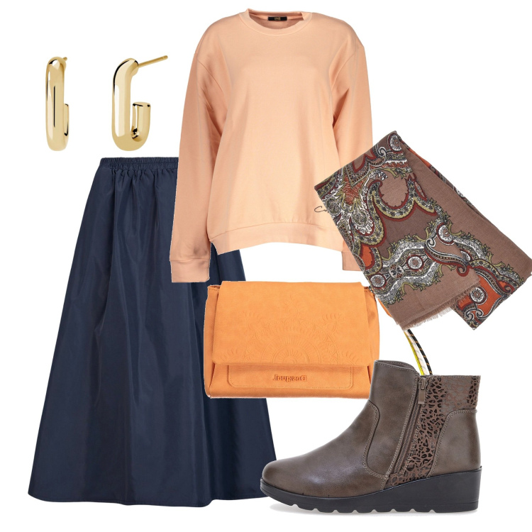 Outfit donna - Serata tranquilla. Stile Bon Ton per Tutti i giorni. Abbinamento con orecchini, foulard, gonne lunghe, felpe, stivaletti, borse a mano.