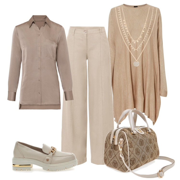 Outfit donna - Tonalità neutre. Stile Casual chic per Tutti i giorni. Abbinamento con pantaloni a palazzo, maglieria, collane, camicie, mocassini, borse a mano.