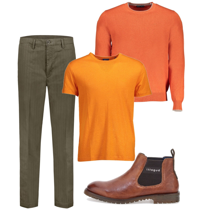 Outfit uomo - Zucca. Stile Casual per Tutti i giorni. Abbinamento con pantaloni, stivali e stivaletti, maglieria, t-shirt.