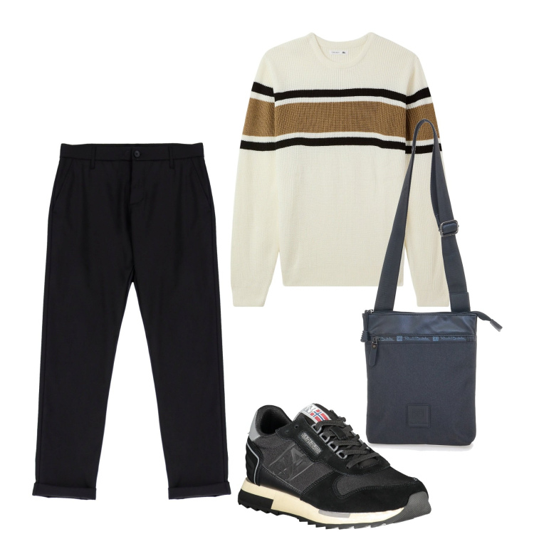 Outfit uomo - City. Stile Urban per Tutti i giorni. Abbinamento con maglieria, pantaloni, portafogli, sneakers.