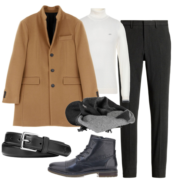 Outfit uomo - City. Stile Business/Elegante per Tutti i giorni. Abbinamento con maglieria, cappotti, cinture, pantaloni, stivali e stivaletti, sciarpe.
