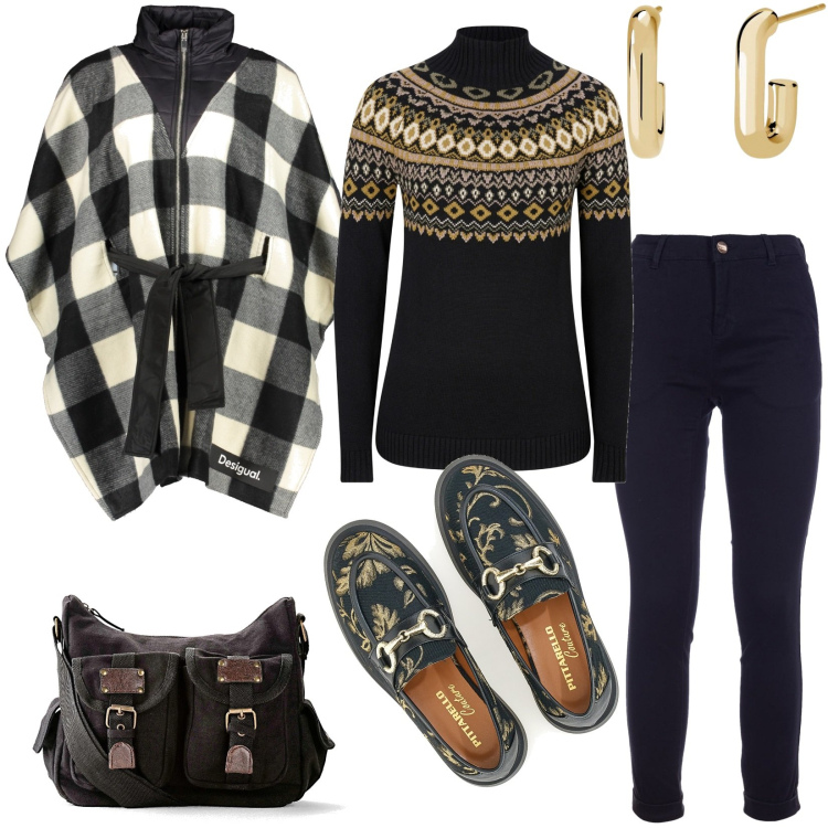 Outfit donna - Una passeggiata all\'aria fresca. Stile Casual per Tutti i giorni. Abbinamento con maglieria, borse a tracolla, orecchini, pantaloni, mocassini, cappotti.