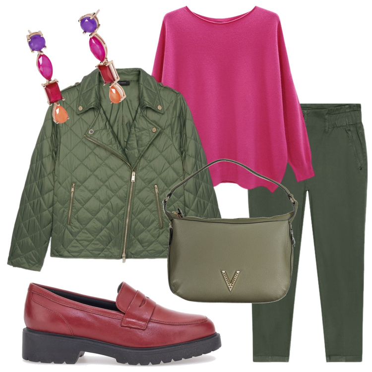 Outfit donna - Contrasto. Stile Casual per Ufficio. Abbinamento con orecchini, mocassini, maglieria, pantaloni, piumini, borse a spalla.